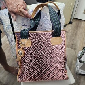 Consuela Metallic Pink Tote with Geometric Pattern